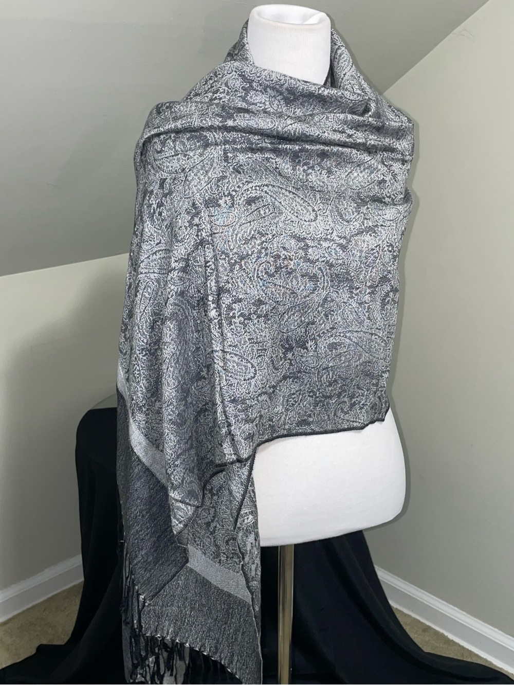 pashmina Silver Paisley Wrap Scarf